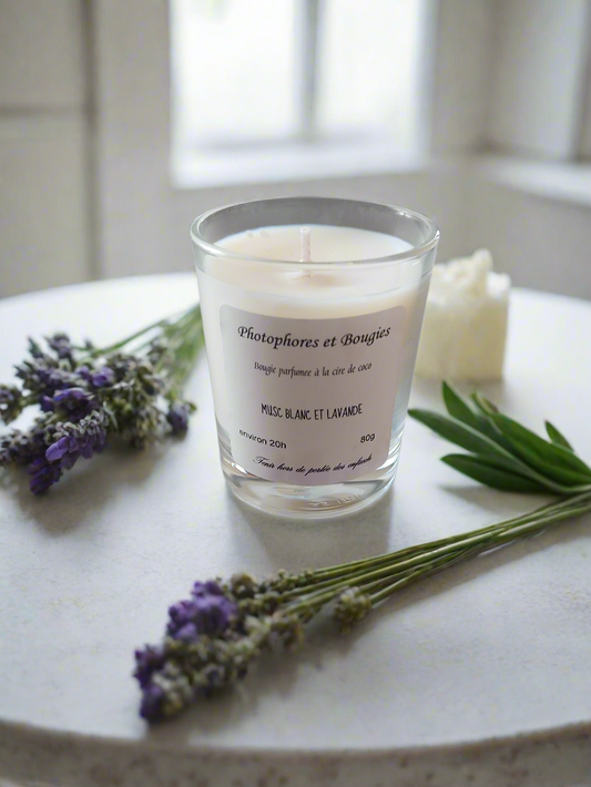 "Nuage Blanc"– Bougie parfumée Musc Blanc & Lavande - Cire de coco - 80g - Sans CMR