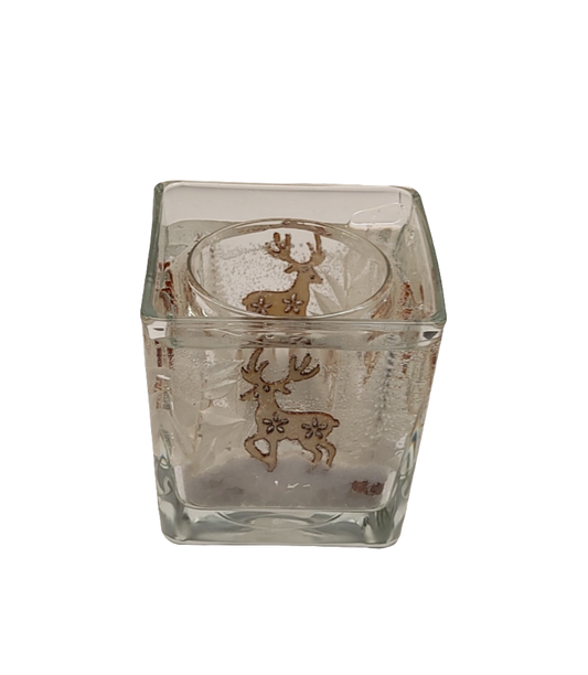 Photophore décoratif avec cerfs et particules scintillantes, idéal pour décoration intérieure.