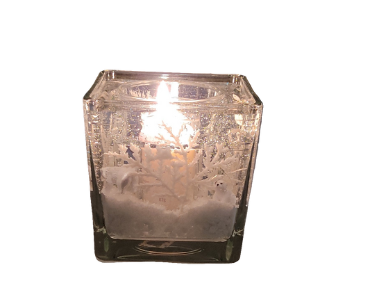 Photophore décoratif avec ours polaires et particules scintillantes, idéal pour décoration intérieure.